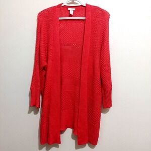 Chicos Womens 1 US 8 Cardigan Topper Open Front Open Weave 3/4 Sleeve Red